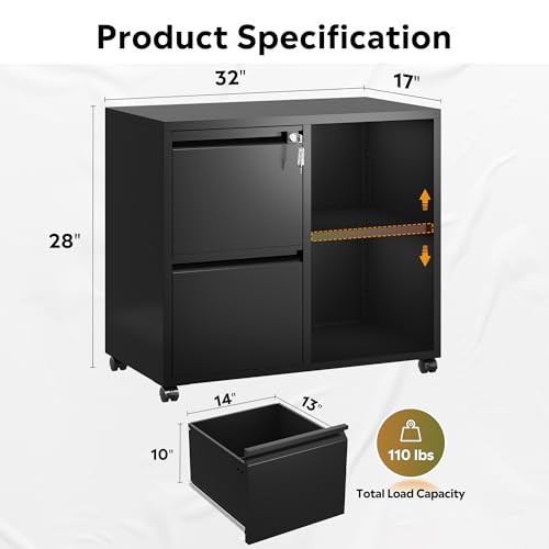 DEVAISE Lateral File Cabinet with 2 Drawers and Adjustable Shelf - color: Black