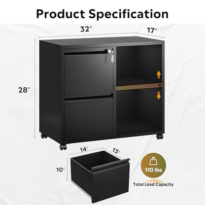 DEVAISE Lateral File Cabinet with 2 Drawers and Adjustable Shelf - color: Black