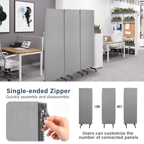 3-Panel Portable Office Partition,Mobile Acoustic Wall Divider with Wheels - color: Light Gray, size: 3 Panel-72"Wide