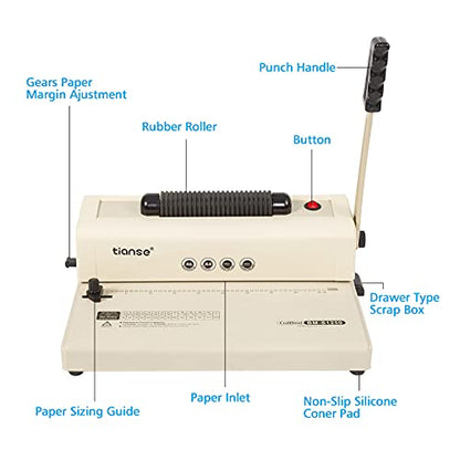 TIANSE Binding Machine - Electric Coil Inserter for Professional Binding, 12-Sheet Punch, for Letter/A4/A5 & Plastic/Metal Coils, with 100 Coil Spines & Pliers for Home, Office, School, DIY