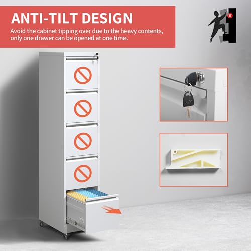 IKIMI 5 Drawer Locking File Cabinet with Wheels,Metal Mobile Filing Cabinet - color: White, size: 5 Drawers with Wheels