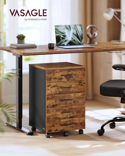 VASAGLE CUSTOS Collection - File Cabinet, Mobile Pedestal Filing Cabinet with Wheels, Printer Stand with 5 Drawers, Tool-Free Sliding Rails, for Study, Home Office, Rustic Brown UOFC081KD01S - color: Rustic Brown + Ink Black