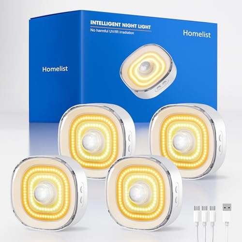 Homelist 4 Pack Small Rechargeable Motion Sensor Light, COB Light Source Puck Lights Rechargeable, 100LM Motion Sensor Night Light for Bedroom Bedside, Cabinets, Kitchen Counter, Hallway, Stairs - color: White-COB Light Source, size: 4 Pack