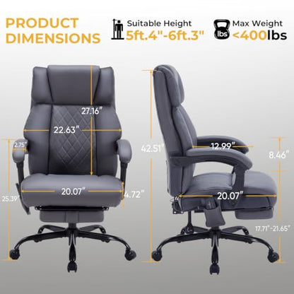 Massage Office Chair with Foot Rest & Heating, Ergonomic Reclining Leather Executive Desk Chair, Vibration Massager Big & Tall Gaming Computer Chair for Home Office, 6-Point Gray - color: Gray02
