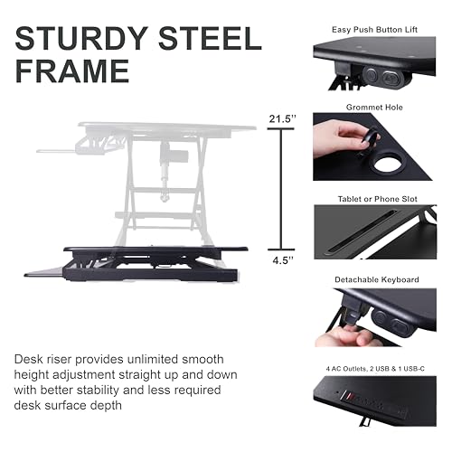 Rocelco 37.4" Electric Standing Desk Converter with AC USB Charger - Motorized Height Adjustable Sit Stand Up Dual Monitor Riser - Tabletop Computer Workstation - Large Keyboard Tray - Black (R EDRB2) - color: Black, size: 37.4", style: Riser Only