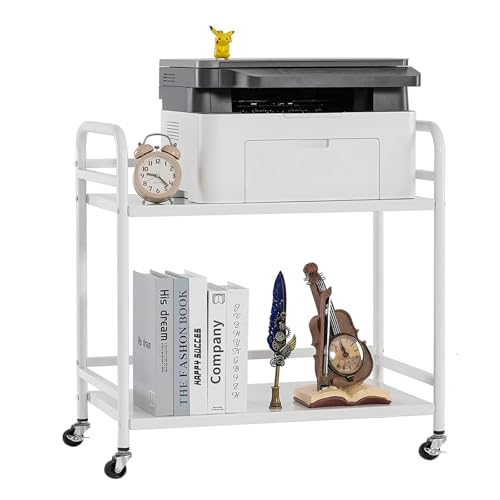 HDANI 2 Tier Under Desk Printer Stand with Storage,Microwave Storage Rack,Metal Rolling Printer Cart with Wheels for Home Office,Utility Storage Cart and Stand,White - color: White