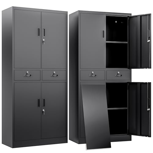 BESFUR Metal Storage Cabinet with 2 Drawers 4 Doors and 2 Adjustable Shelves Garage Storage Cabinet with Lock 71" Office Storage Cabinets Locking Cabinets for Garage Office Shop Home (Black) - color: Black, size: 71"H x 31.5"W x 15.8"D
