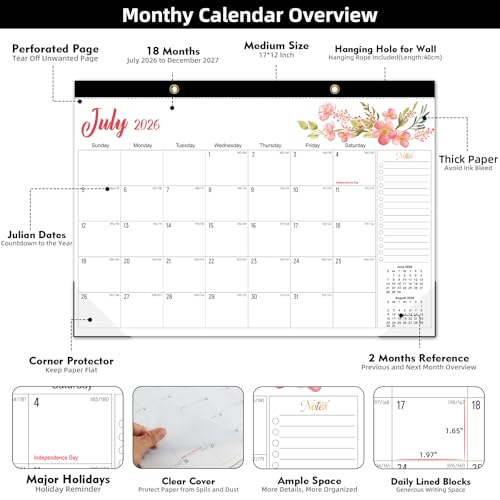 Tcamp Desk Calendar 2026-2027, Jul 2026-Dec 2027, 18-Month, 17" x 12" Large - color: Floral, size: 17"x12"(Jul 2026-Dec 2027)