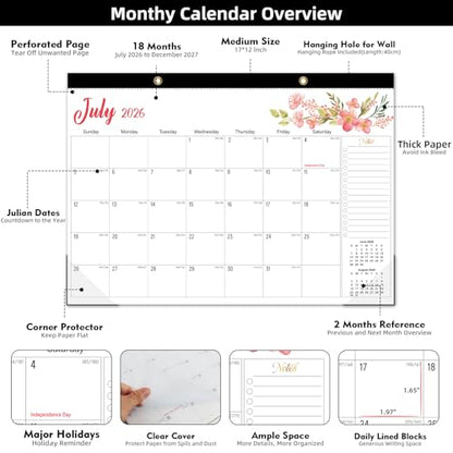 Tcamp Desk Calendar 2026-2027, Jul 2026-Dec 2027, 18-Month, 17" x 12" Large - color: Floral, size: 17"x12"(Jul 2026-Dec 2027)