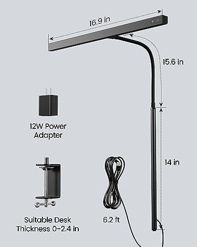 SUPERDANNY LED Desk Lamp for Office Home, Eye-Caring Desk Light with Adjustable Gooseneck, 12W Touch Control Dimmable Brightness, Architect Clamp Lamp with USB Adapter for Reading Study Workbench | Black, Touch Control Dimmable Brightness, 3000K-6000K, 36