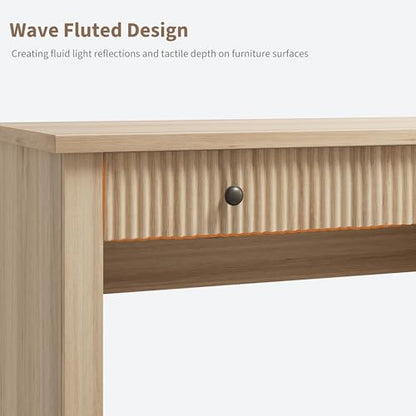 54-Inch Fluted Computer Desk with Drawers and Charging Station - color: Natural, size: 21.6"D x 54"W x 30"H