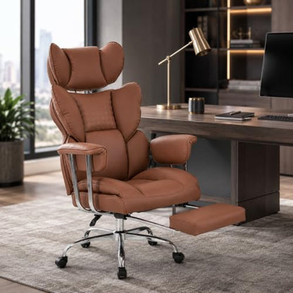 Big and Tall Office Chair, Ergonomic Executive Desk Chair with Footrest and Lumbar Support, Heavy Duty PU Leather Reclining Computer Chair with Extra Wide Seat for Home Office, Brown - color: Brown