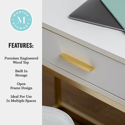 Martha Stewart Ollie Home Office Desk with 3 Drawers in White with Polished Brass Hardware - color: White Top/Polished Brass Frame