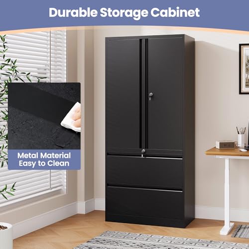 2 Drawer Lateral File Cabinet, Office Storage Cabinet with 2 Wide&Deep Drawers and Locking Doors, Black Metal Cabinet with Adjustable Shelves for Home Office, Fits A4/Letter/Legal Size Folders
