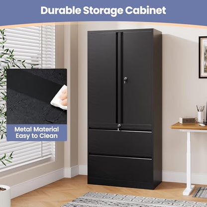 2 Drawer Lateral File Cabinet, Office Storage Cabinet with 2 Wide&Deep Drawers and Locking Doors, Black Metal Cabinet with Adjustable Shelves for Home Office, Fits A4/Letter/Legal Size Folders