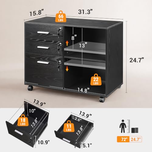 DEVAISE 3-Drawer File Cabinet with Lock, Mobile Wood Filing Cabinet, Black | Rolling Printer Stand, Office Cabinet, Open Storage Shelves, Letter & A4 Compatible, Home Office, Under Desk Storage - color: Black