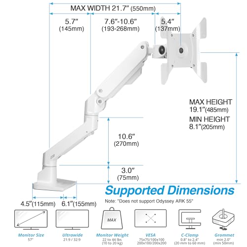 AVLT Single Monitor Arm Desk Mount fits One 44 lbs Heavy Duty - White | 34”-57” Screen Full Motion Height Swivel Tilt Rotation Adjustable Arm VESA 200x200 200x100 100x100 75x75 - color: White-34 to 57 Inch