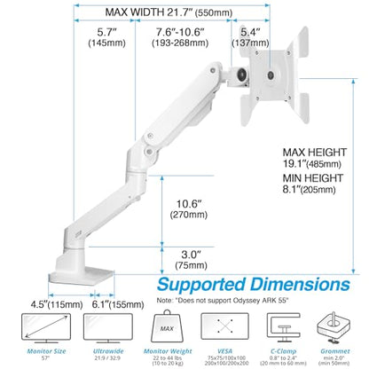 AVLT Single Monitor Arm Desk Mount fits One 44 lbs Heavy Duty - White | 34”-57” Screen Full Motion Height Swivel Tilt Rotation Adjustable Arm VESA 200x200 200x100 100x100 75x75 - color: White-34 to 57 Inch