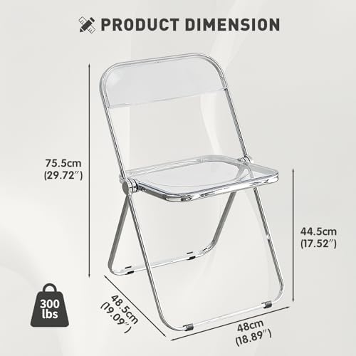 Clear Acrylic Folding Chair, Transparent Plastic Foldable Chairs | Lightweight Ghost Seat with Chrome Frame, Modern Stackable Dining Chair for Vanity, Home, Office, Party, Banquet and Events - color: Clear