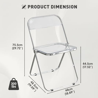 Clear Acrylic Folding Chair, Transparent Plastic Foldable Chairs | Lightweight Ghost Seat with Chrome Frame, Modern Stackable Dining Chair for Vanity, Home, Office, Party, Banquet and Events - color: Clear