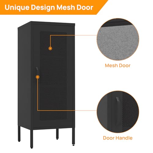 Slim Metal Storage Cabinet with Mesh Doors - 42'' Tall Narrow Organizer Tower, Compact Freestanding Cabinet, Versatile Utility Storage for Home, Office, Kitchen, Living Room, Durable and Modern Design | 42" Tall Narrow Cabinet, Adjustable Shelves, Steel O