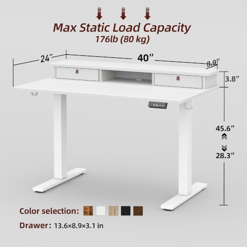 TIQLAB 40 * 24 inch Standing Desk with Two Drawers&Top Shelf, White | Smooth Height Adjustment, 2 Memory Presets, One-Touch Control, Stable Steel Frame, 176 lbs Capacity, Easy Assembly - color: White, size: 40*24 inch without keyboard tray