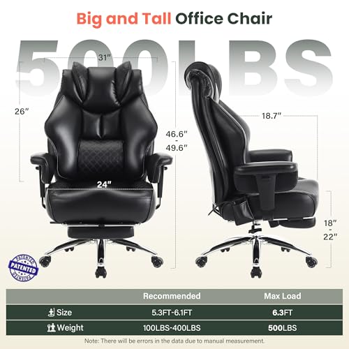 500lbs Big and Tall Office Chair Adjustable Lumbar Support, Extra Wide Seat Ergonomic Gaming Chair with Footrest, Heavy Duty High Back Executive Leather Computer Desk Chair