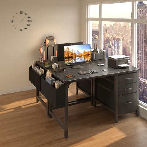 Lufeiya Computer Desk with File Drawers Cabinet, 47 Inch Reversible Home Office Desks with Filing Cabinet for Small Space, Gaming Study Writing Table PC Desks, Black - color: Black, size: 46.6"