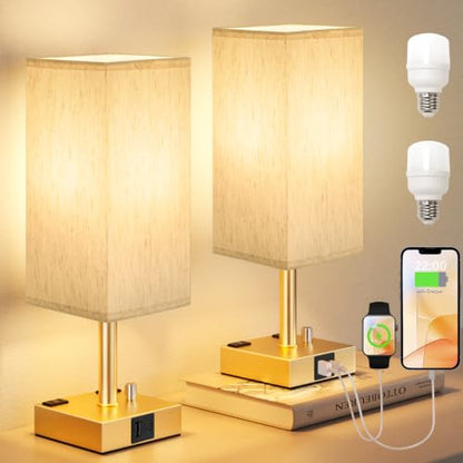 Gold Bedside Table Lamps Set of 2 - Dimmable, USB C+A, 2 AC Outlets | Stepless Dimmable by Rotary Knob, 3000K LED Bulbs Included, Square Cream Linen Shade, Nightstand Lamp for Living Room, Desk - color: Gold