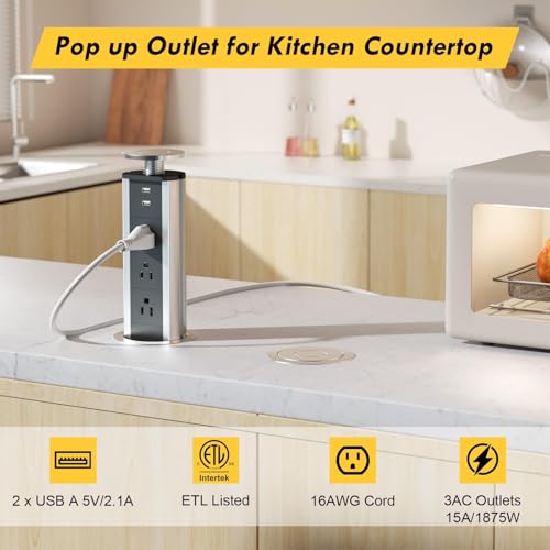 Pop up Outlet for Countertop, 3 AC Outlets & 2 USB-A, 3-1/4 Inch Silver | Recessed Power Strip, 2 USB-A Ports, 3 Sockets, for Desktop, Kitchen Countertop, Home Office - color: Silver