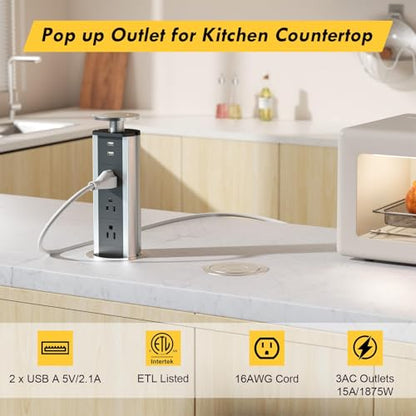 Pop up Outlet for Countertop, 3 AC Outlets & 2 USB-A, 3-1/4 Inch Silver | Recessed Power Strip, 2 USB-A Ports, 3 Sockets, for Desktop, Kitchen Countertop, Home Office - color: Silver