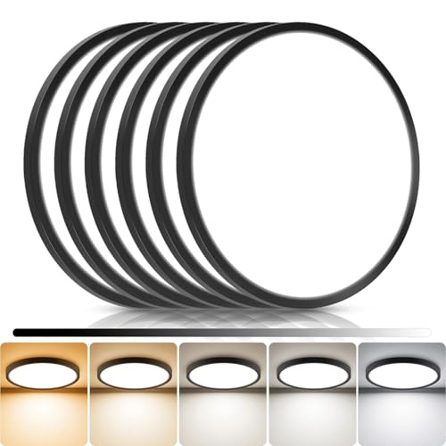 libtit 6Pack 13inch LED Flush Mount Ceiling Light, Dimmable & 5Color Temperatures (3000K-6500K), 24W Round Slim Black Light Fixture for Bedroom Livingroom Garage Kitchen - color: Black, size: 13inch-6pack
