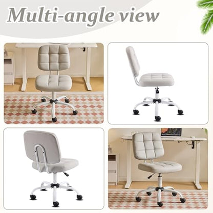 VINGLI Compact Small Desk Chair, Cute Armless Chair with Wheels, Vanity Chair with Low Back, Height Adjustable Task Chair for Small Spaces, Office, Bedroom, Make Up Room, PU Leather, Light Grey - color: Light Grey