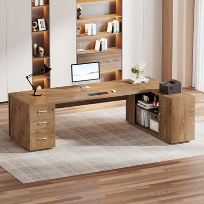 Tribesigns 85.8-Inch L-Shaped Executive Desk, Extra Large Home Office Desk - color: Natural Oak