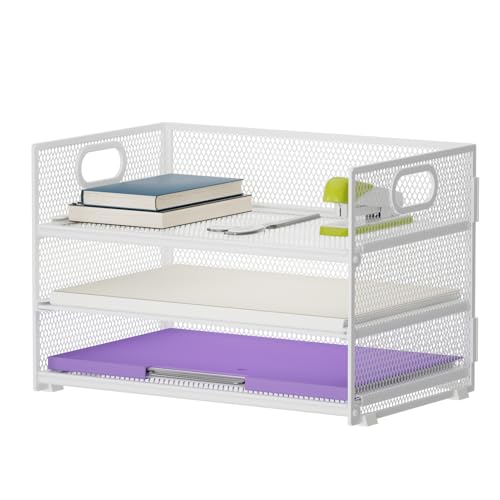 Marbrasse 3 Tier Paper Organizer Letter Tray, Mesh File Organizer with Handle, Paper Sorter Desk Organizer for Home Office Supplies(White) - color: White