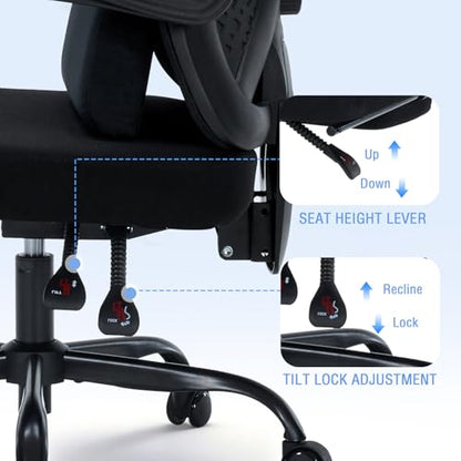Ergonomic Office Chair with Footrest - Adjustable Lumbar Support & 3D Headrest, 90-160° Reclining Mesh High-Back Rolling Work Swivel Computer Chair-400lbs Capacity - color: Dark Black