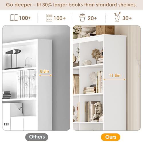 71" Tall Bookshelf with 4 Drawers White Bookshelf Office Bookcase | 6-Tier Double Wide Bookshelves and Bookcases with Storage, White Bookshelf Standing Book Cabinet for Home Office, White - color: White