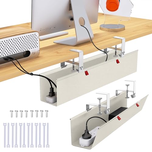 28" Small Under Desk Cable Management Tray No Drill, Compact Clamp On Cord Organizer for Dorm & Small Desk, Anti-Sag Oxford Fabric Wire Hider, Power Strip Holder (Beige, 28.5") - color: Beige, size: 28.5"×5.6"