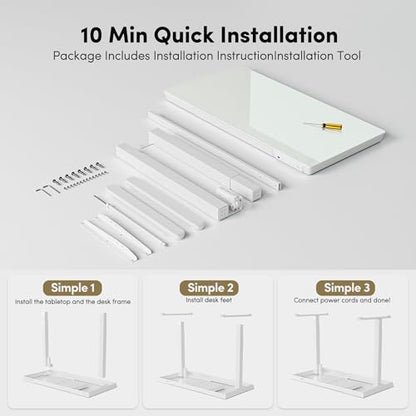 BANTI Electric Standing Desk with Drawers, 55 inch Whole-Piece Glass Desktop, Height Adjustable Stand up Sit Stand Home Office Ergonomic Workstation, White Tabletop - color: White, size: 55 Inch