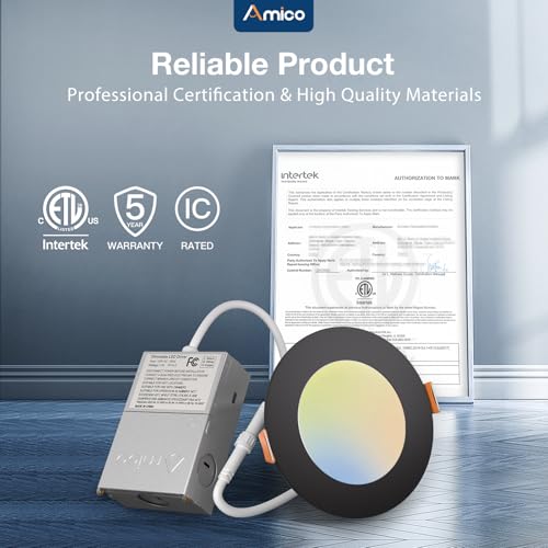 Amico 12 Pack 4 Inch LED Recessed Lighting, Canless Wafer Downlight, Black | 5CCT 2700K-5000K, 5%-100% Dimmable, Ultra-thin, Metal housing, 800LM 11W 120V, IC & Damp Rated, ETL & FCC, 50000h Life Span - color: Black, size: 4 Inch