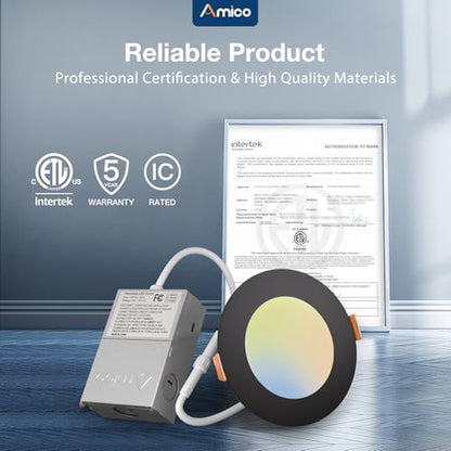 Amico 12 Pack 4 Inch LED Recessed Lighting, Canless Wafer Downlight, Black | 5CCT 2700K-5000K, 5%-100% Dimmable, Ultra-thin, Metal housing, 800LM 11W 120V, IC & Damp Rated, ETL & FCC, 50000h Life Span - color: Black, size: 4 Inch