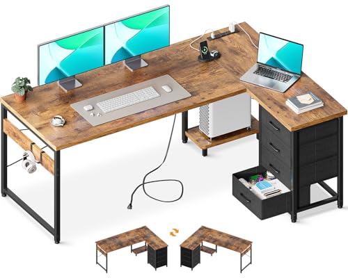 AODK 61" L Shaped Gaming Desk with 4 Drawers and Power Outlets, Vintage | USB Ports, PC Tower Stand, Hooks, Reversible Corner Layout for Gaming Rooms, Bedrooms and Home Office - color: Vintage, size: 61 Inch