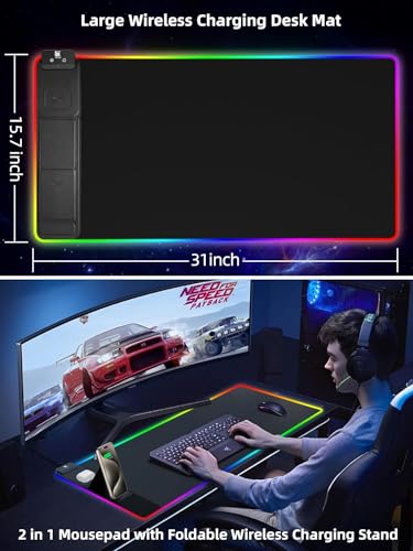 XXL Mouse Pad with Phone Holder - Black, RGB Desk Mat with 15W Fast Charging, LED Gaming Mousepad with 11 Light Colors, Waterproof Non-Slip Pad for Office & Home - color: Black