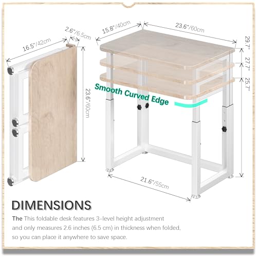 4NM No Tool Assembly 23.6" Small Desk, Folding Portable Desk with Wheels, Adjustable Height Foldable Computer Home Office Desks, Collapsible Study Writing Table for Space Saving Bedroom - Cloud Oak - color: Cloud Oak, size: 23.6"