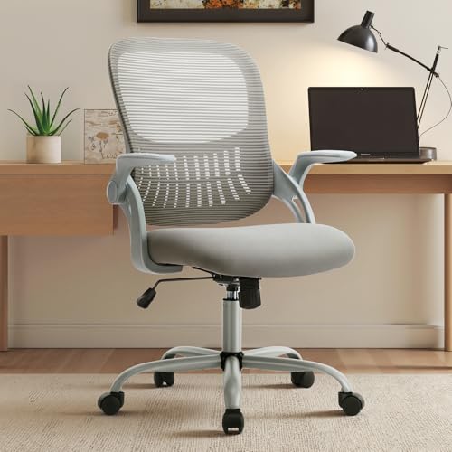 Sweetcrispy Home Office Chair, Mesh Office Chair, Lumbar Support, Grey | Adjustable Height, 360° Swivel Wheels, Mid-Back, Comfy Flip-up Arms for Small Space, Study, Managerial Executive, Grey - color: Grey, size: 18.5"D&Flip-up Arms-Plus