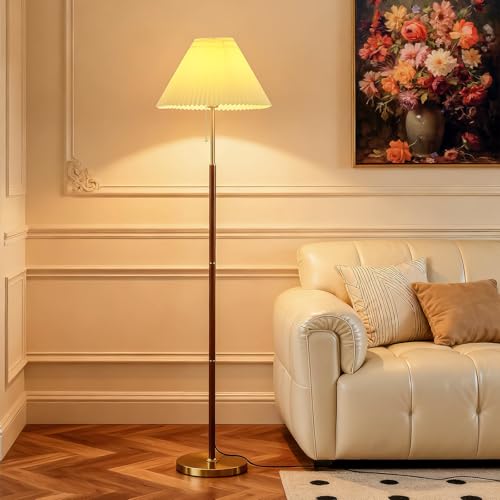 Pleated Lampshade Tall Floor Lamp for Living Room Corner Bedroom Bedside Office, Brown Pole Lamp, Bright 12W Dimming Reading Light, Modern Cute Unique Retro Standing lamp,Farmhouse Vintage Home Decor - color: Walnut