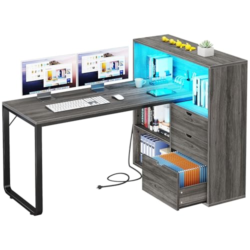 YITAHOME Grey L Desk, 55.1-Inch Top, Hanging-File Drawer - color: Grey