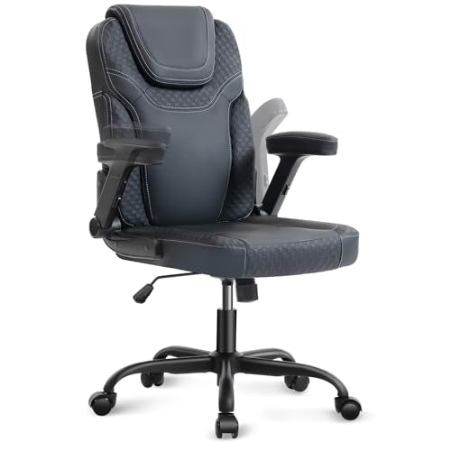 SEATZONE Black Office Chair Ergonomic Desk Chair with Lumbar Support, Flip-Up Arms, Adjustable Swivel Computer Chair with Wheels, PU Leather Executive Task Chair for Home Office Small Space - color: Black