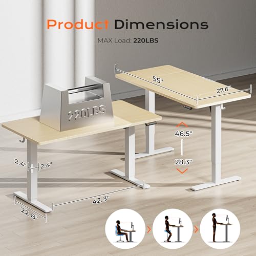 Huuger 55 x 28 Large Electric Standing Desk, Height Adjustable Desk, 27.6" Deep Desktop, Stand up Gaming Computer Office Desk with 2 Hooks, 3 Preset Heights, for Home Office, Maple - color: Maple, size: 55*28 inch (no outlets)