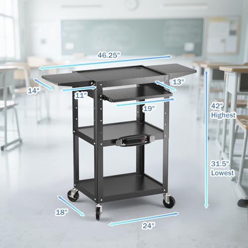 POCHAR Large Steel AV Cart with Power Strip & Drop Leaves - Height Adjustable Metal Media Cart with Wheels - Heavy Duty Rolling Computer Workstation for Laptop Projector Printer TV, Black (46" x 18") - style: AV Cart with Drop Leaves (AV-JM)